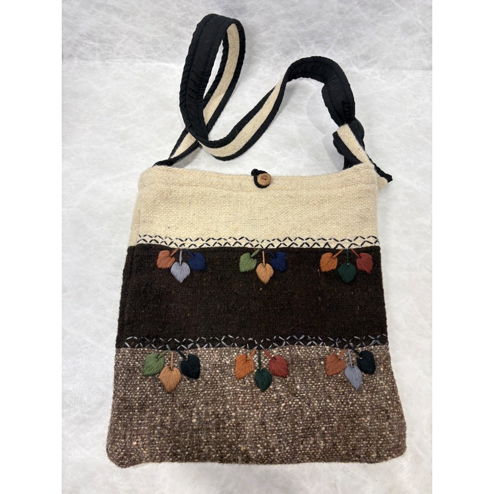 Handmade Guatemala 100% Wool Crossbody Bag Embroidered Leaf Boho Brown‎ Cream